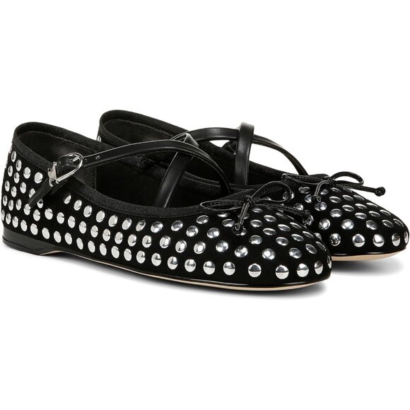 Circus NY by Sam Edelman Women's Black Metal Stud Fabric Cross Strap Ballet Flat - Picture 1 of 6